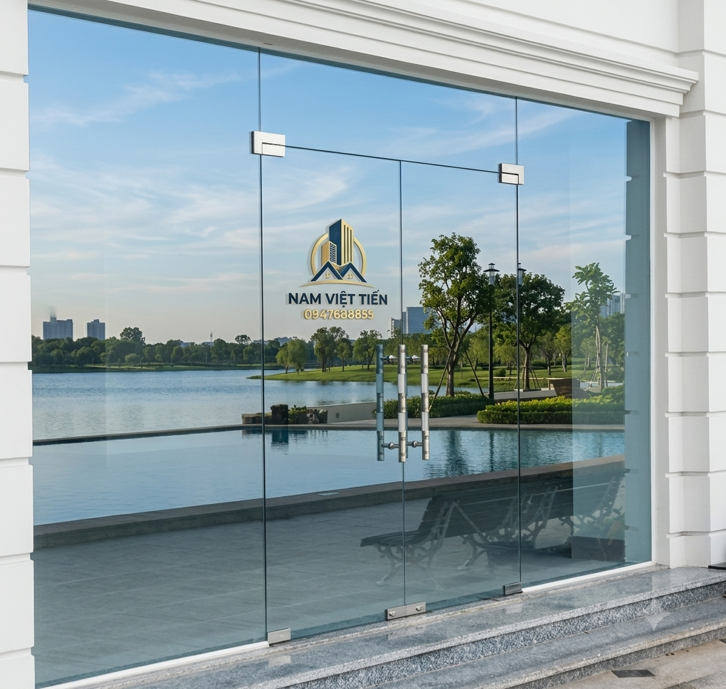 Cửa kính cường lực hai cánh view hồ