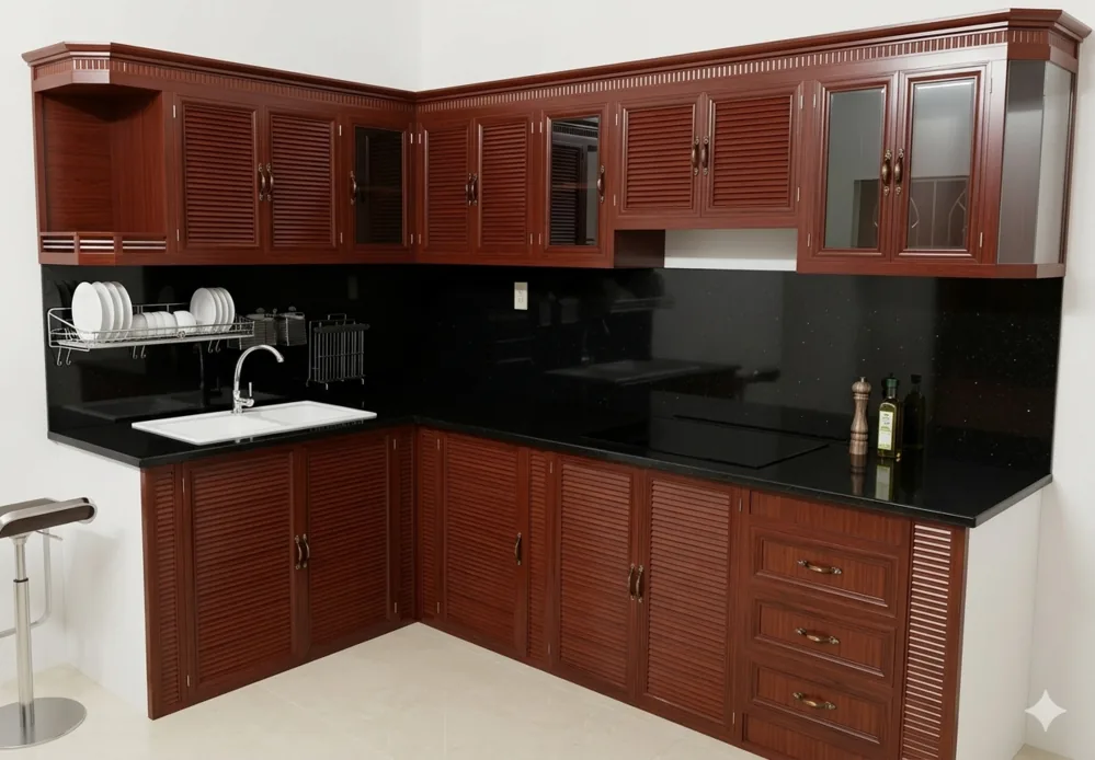 Bản vẽ chi tiết trước khi lắp đặt tủ bếp Tủ bếp nhôm kính nâu đỏ kèm bồn rửa chén