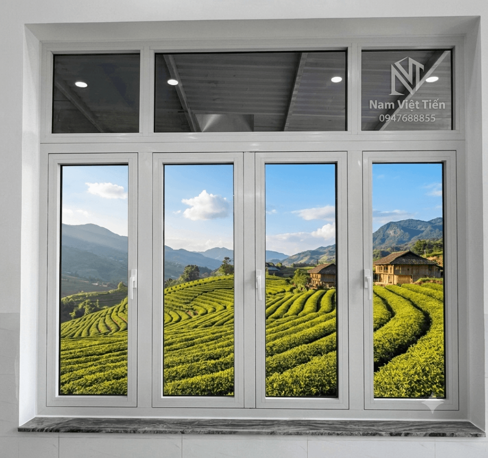 Cửa sổ nhôm Xingfa 4 cánh khung trắng, view đồi chè và núi