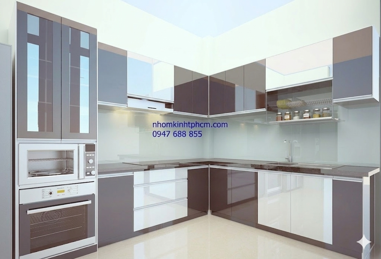 Thiết kế tủ bếp nhôm kính đẹp sang trọng cho nhà phố