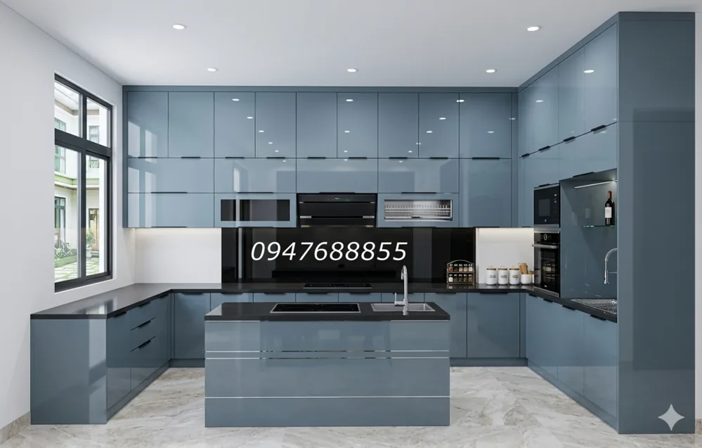 Tủ bếp nhôm kính xám xanh hiện đại có đảo