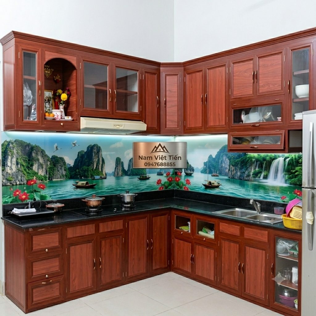 Tủ bếp nhôm kính vân gỗ