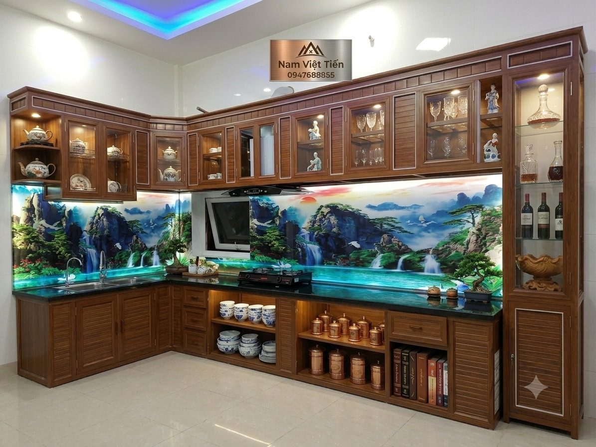 Tủ bếp nhôm kính cao cấp kết hợp phụ kiện thông minh