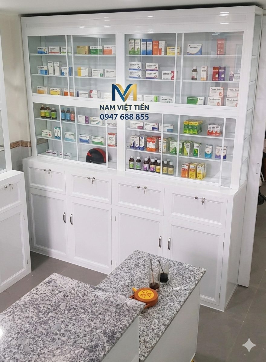 thi công quầy thuốc tây nhôm kính