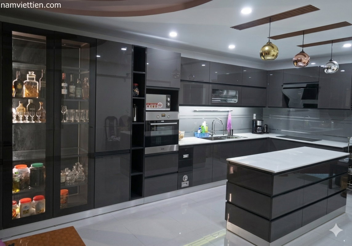 Tủ bếp cánh kính tủ bếp hợp kim nhôm cánh kính