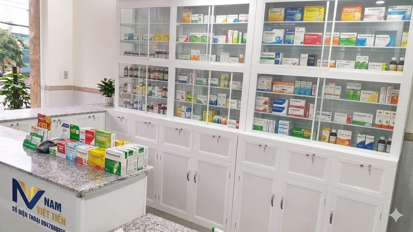 mẫu tủ quầy thuốc tây nhôm kính hiện đại