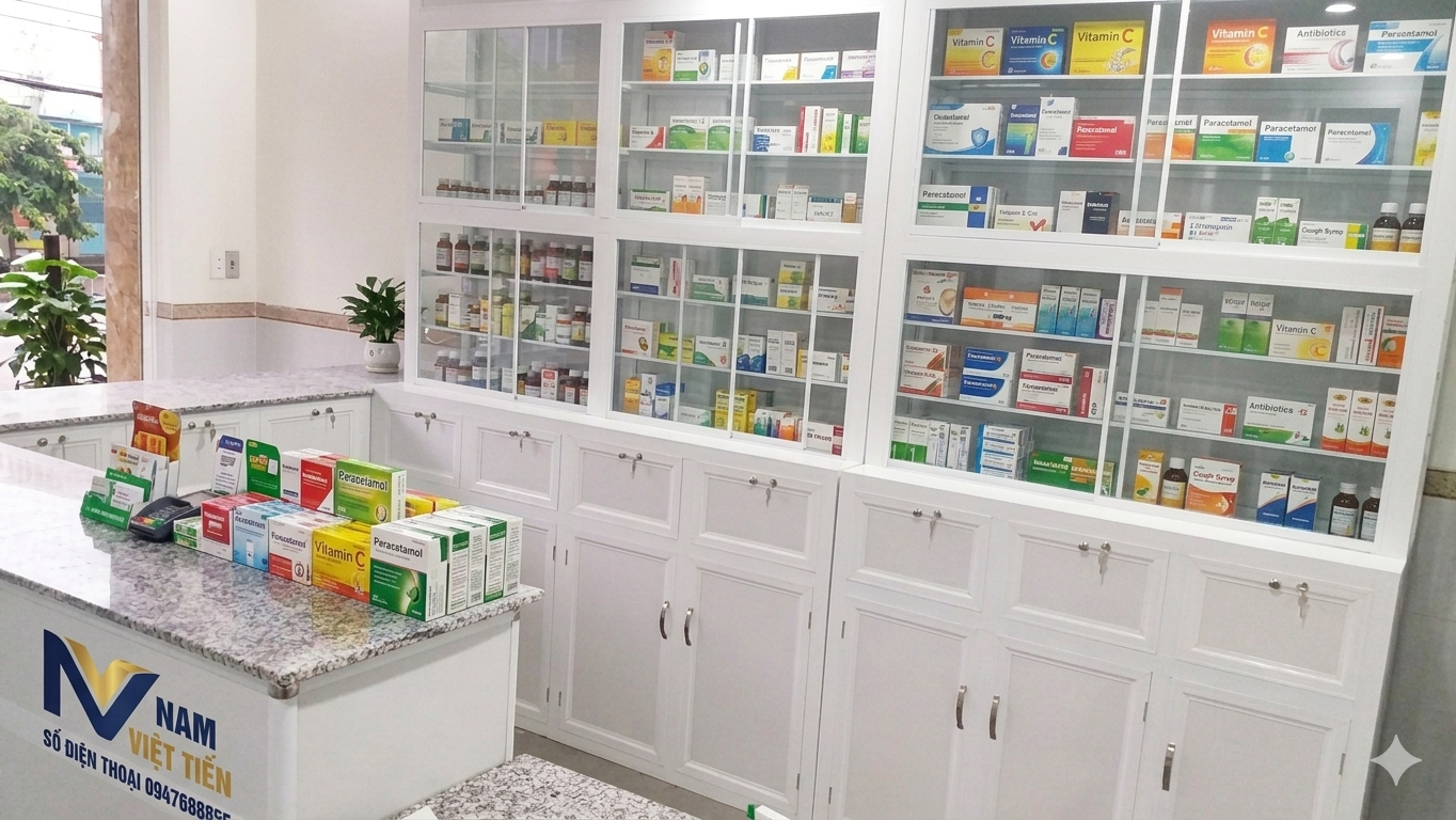 mẫu tủ quầy thuốc tây nhôm kính hiện đại