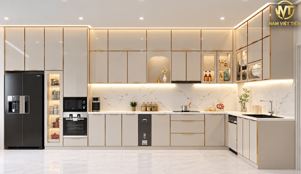 Tủ bếp nhôm màu kem hốc tường hình vòm trang trí