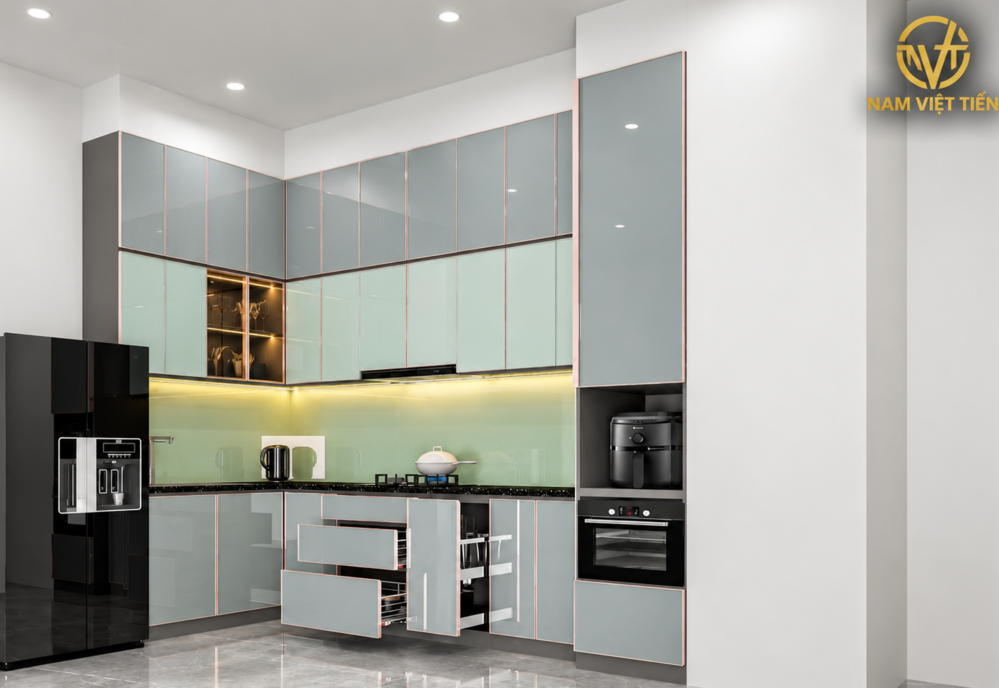 Tủ bếp nhôm kính xanh nhạt viền đồng cánh kính