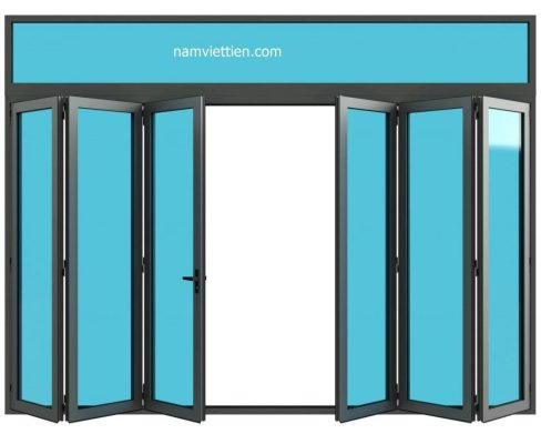 Bản vẽ cửa nhôm xếp nhiều cánh kính màu xanh, cánh mở ở giữa