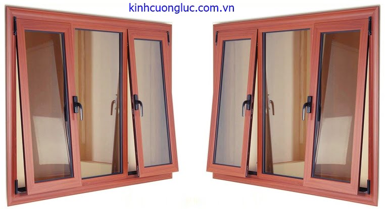 Cửa sổ nhôm Xingfa màu nâu sẫm mở hất, có song bảo vệ bên trong