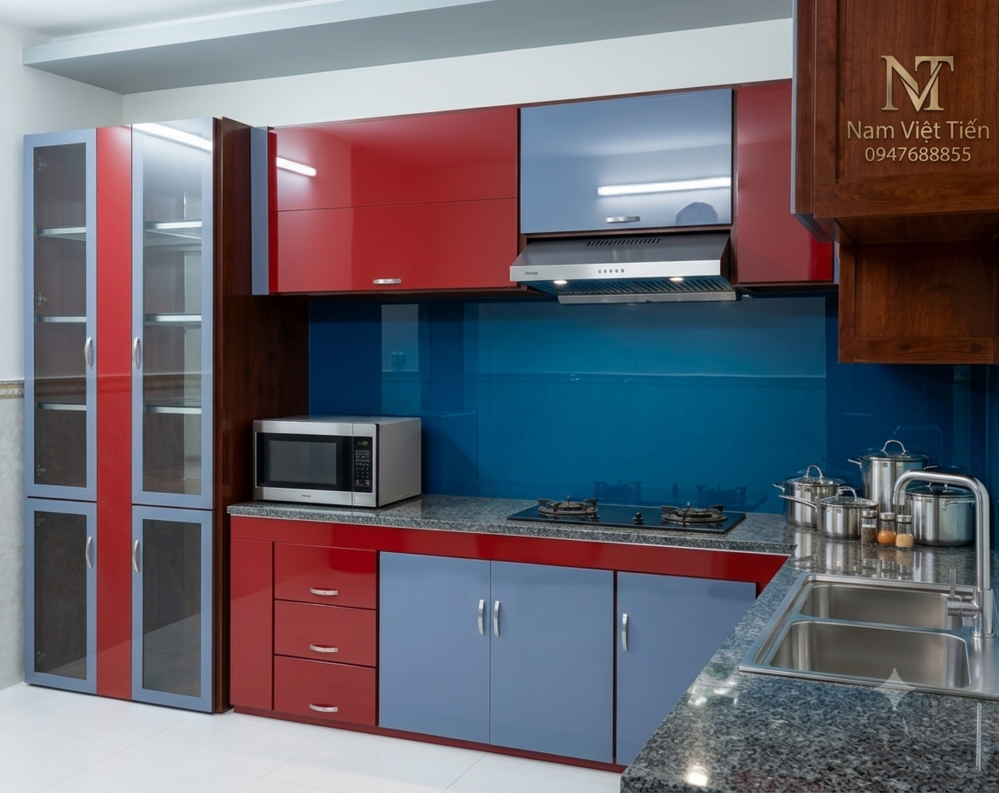 Tủ bếp nhôm kính đỏ xanh, cánh kính viền gỗ