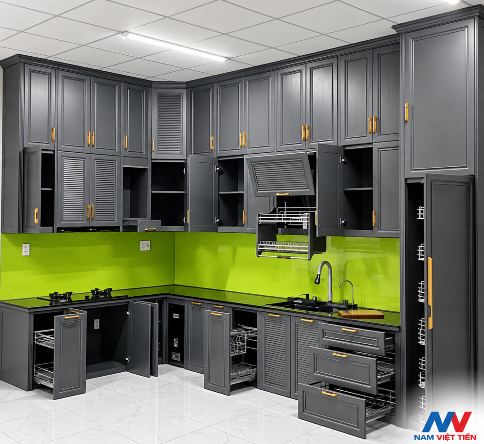 Tủ bếp khung nhôm xám trưng bày nhiều cánh mở