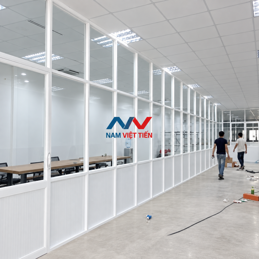 Vách nhôm trắng kính trong dãy văn phòng Vách ngăn nhôm trắng kính trong dãy văn phòng dài, chân vách ốp tấm