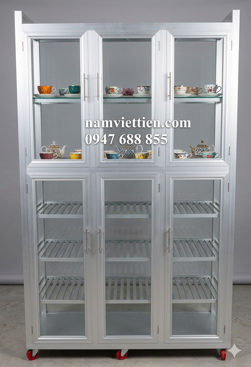 tủ đựng chén nhôm kính đẹp nhà bếp