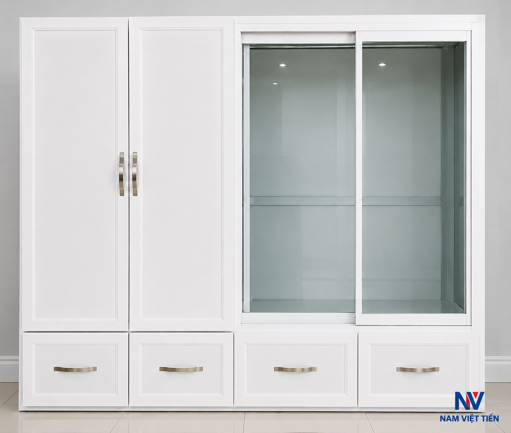 Mẫu tủ áo nhôm kính đẹp kết hợp cửa lùa