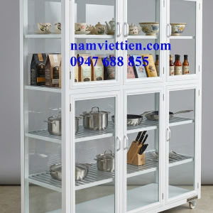 Tủ chén nhôm kính trắng đựng đồ bếp