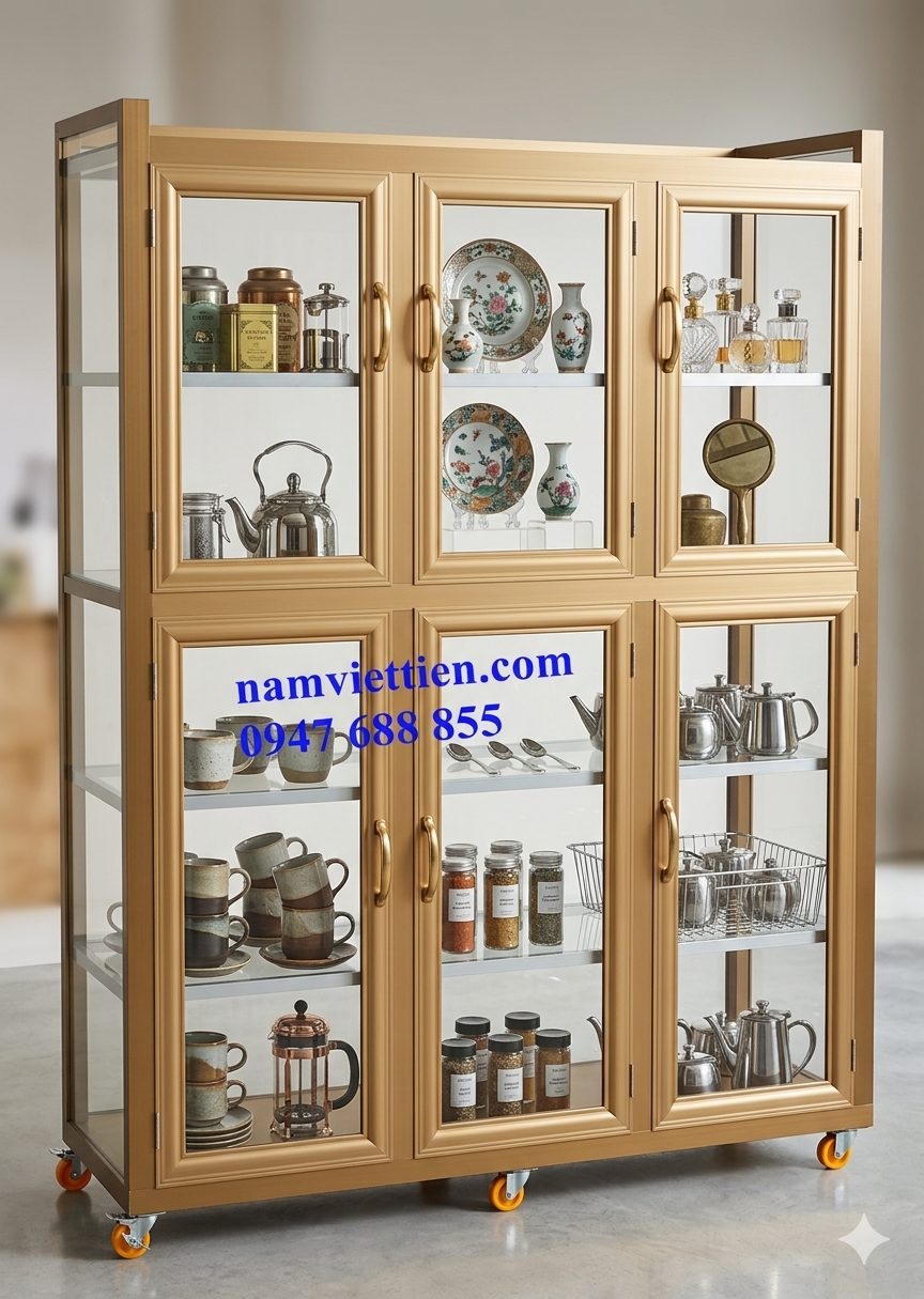 tủ nhôm kính lưu trữ chén bát hiện đại thi công tủ chén nhôm kính cao cấp