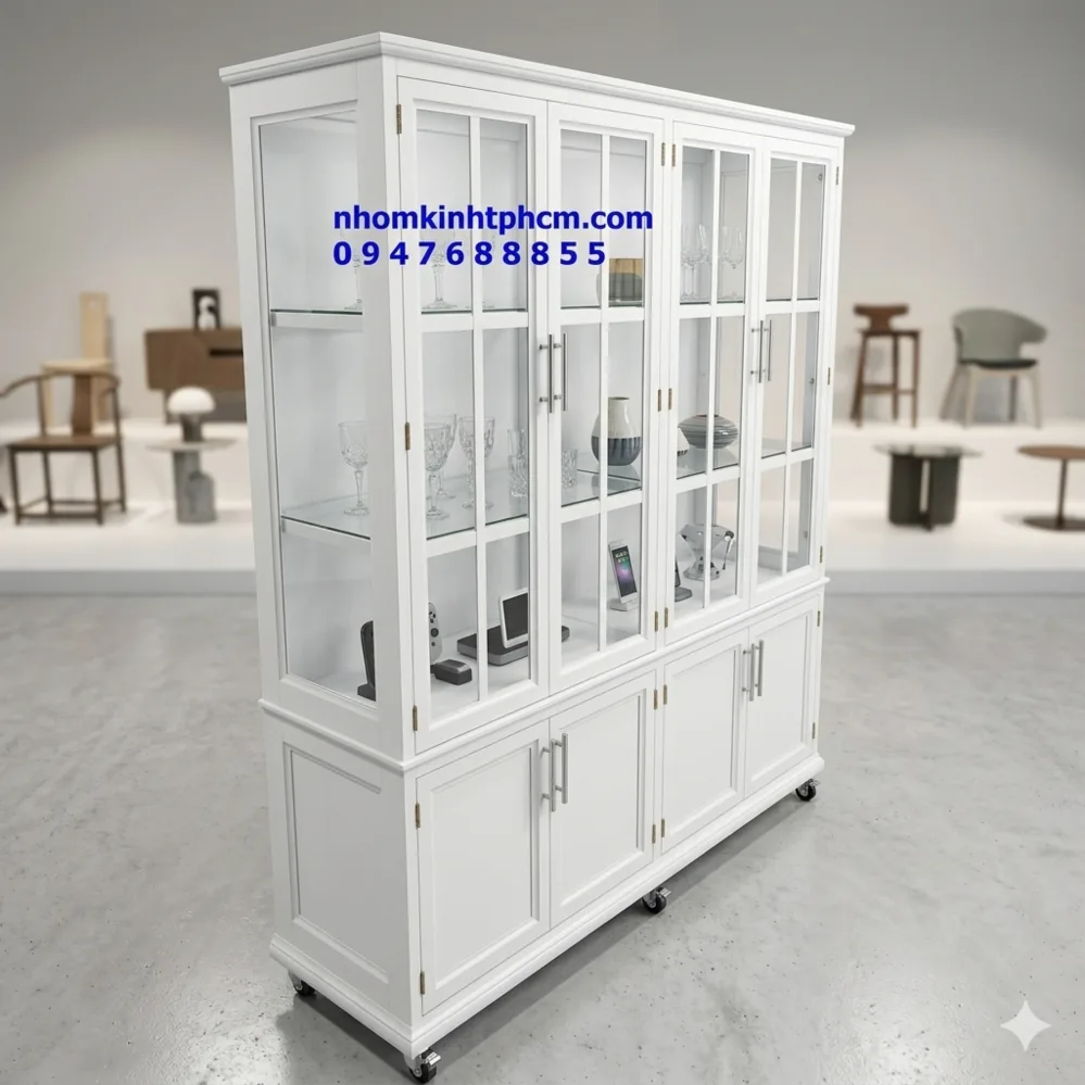 Mẫu tủ chén nhôm kính cao cấp màu trắng
