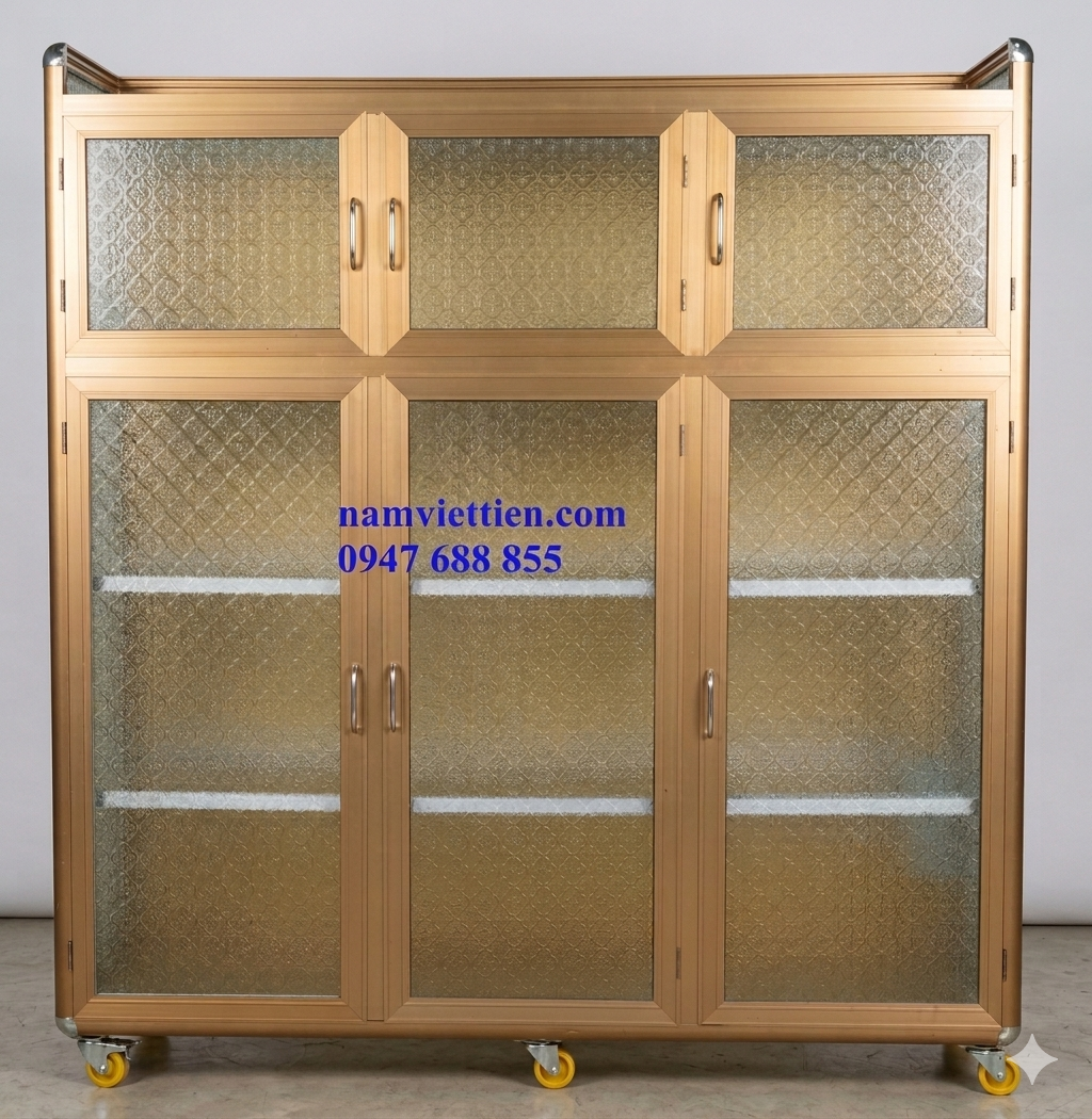 Tủ chén nhôm kính giá rẻ khung vàng