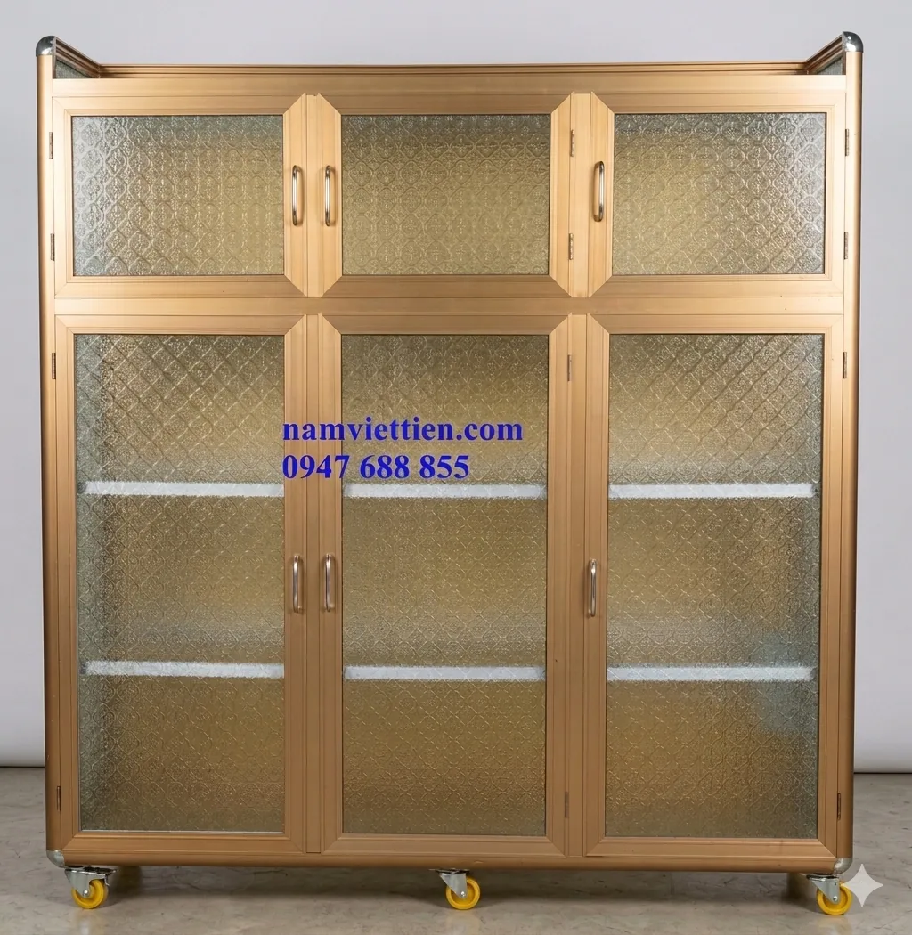 Tủ chén nhôm kính giá rẻ khung vàng