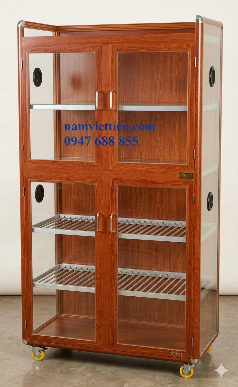 Mẫu tủ chén nhôm kính vân gỗ bánh xe