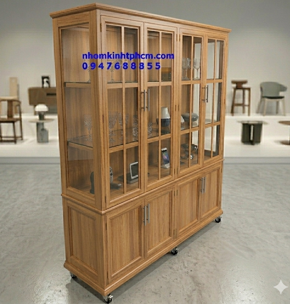 Tủ chén nhôm kính giả gỗ cao cấp