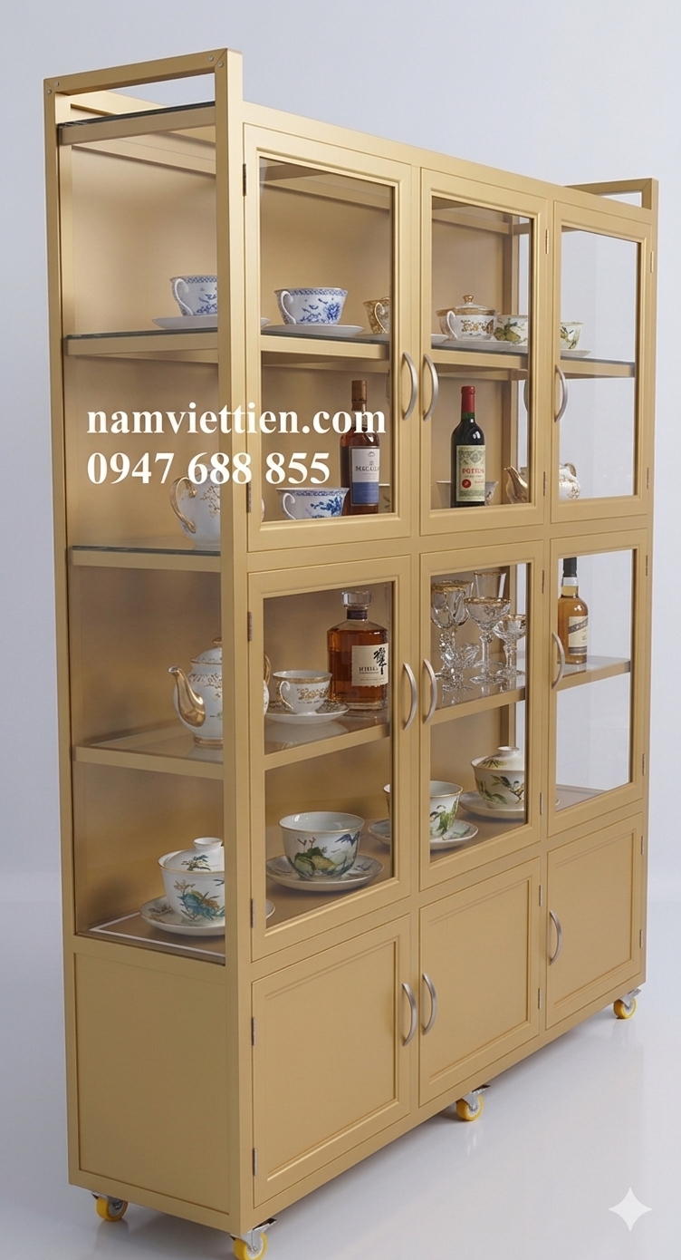 Mẫu tủ chén nhôm kính khung vàng trưng bày