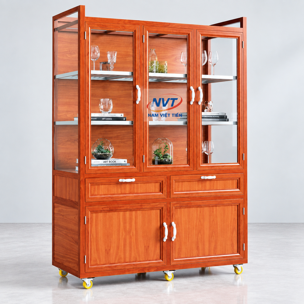 Tủ chén nhôm vân gỗ đỏ có ngăn kéo