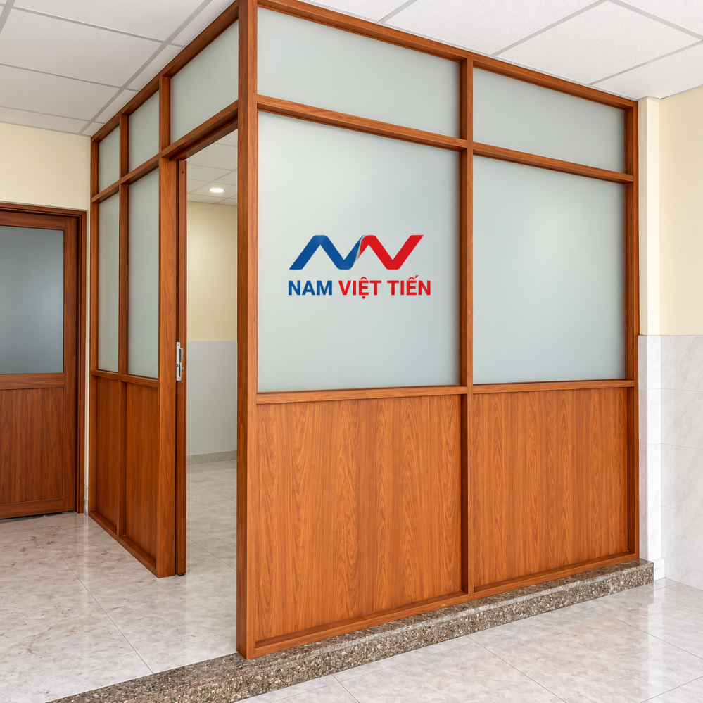 Vách ngăn nhôm vân gỗ cam hành lang Vách ngăn nhôm vân gỗ cam kính mờ