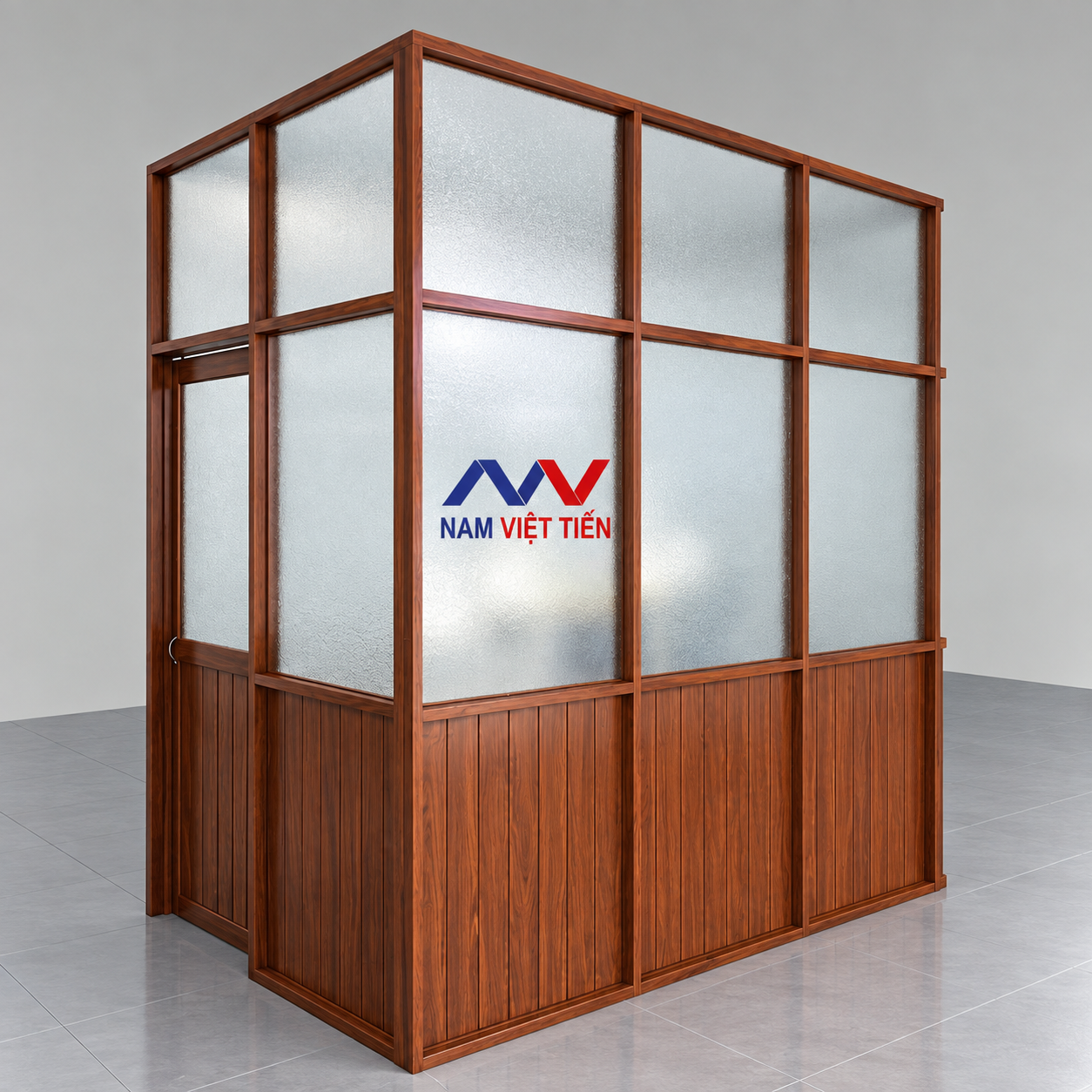 Vách ngăn nhôm vân gỗ đỏ có cửa Vách ngăn nhôm vân gỗ đỏ kính mờ