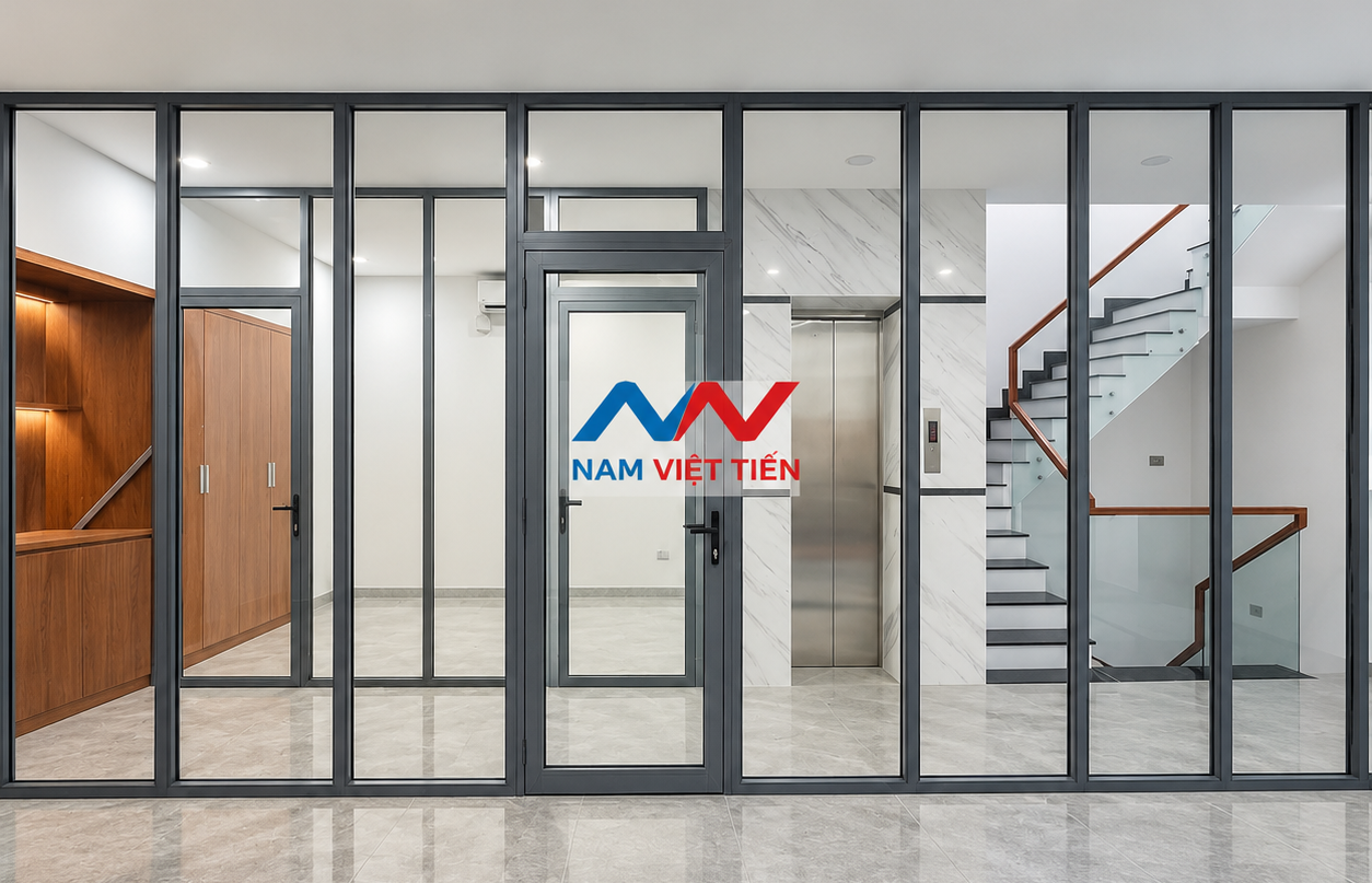 Vách ngăn nhôm kính khung đen sảnh villa Vách ngăn nhôm kính khung đen sảnh nhà