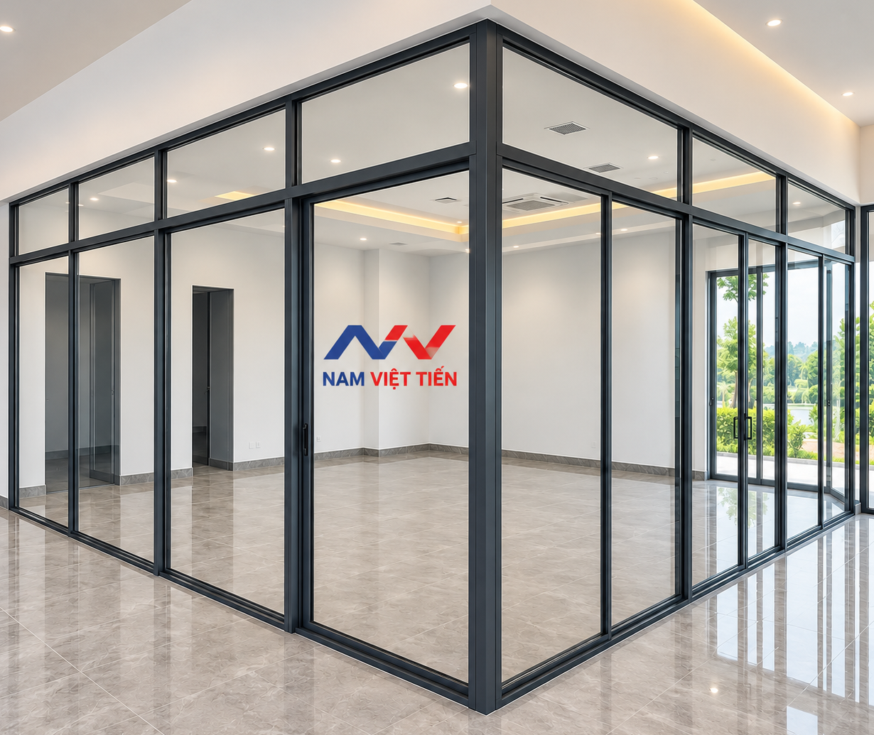 Vách ngăn nhôm kính khung đen kính trong suốt