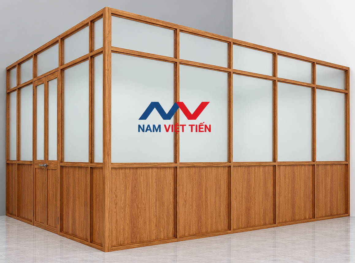 Vách ngăn nhôm vân gỗ sáng hai cánh cửa