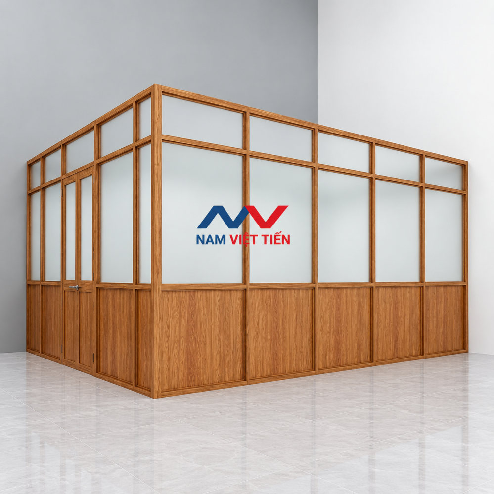 Vách ngăn nhôm vân gỗ sáng hai cánh cửa