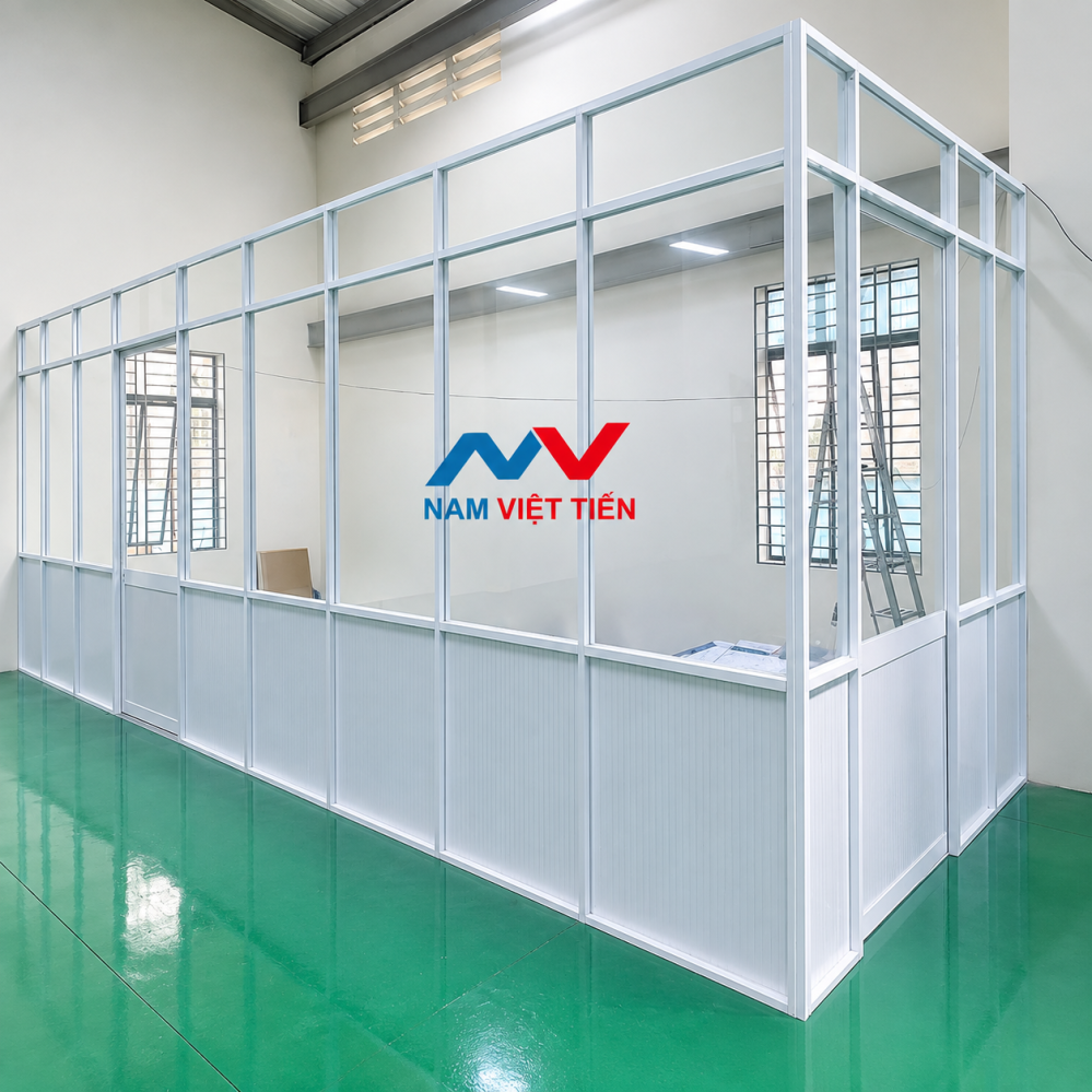 Vách ngăn nhôm kính khung trắng nhà xưởng