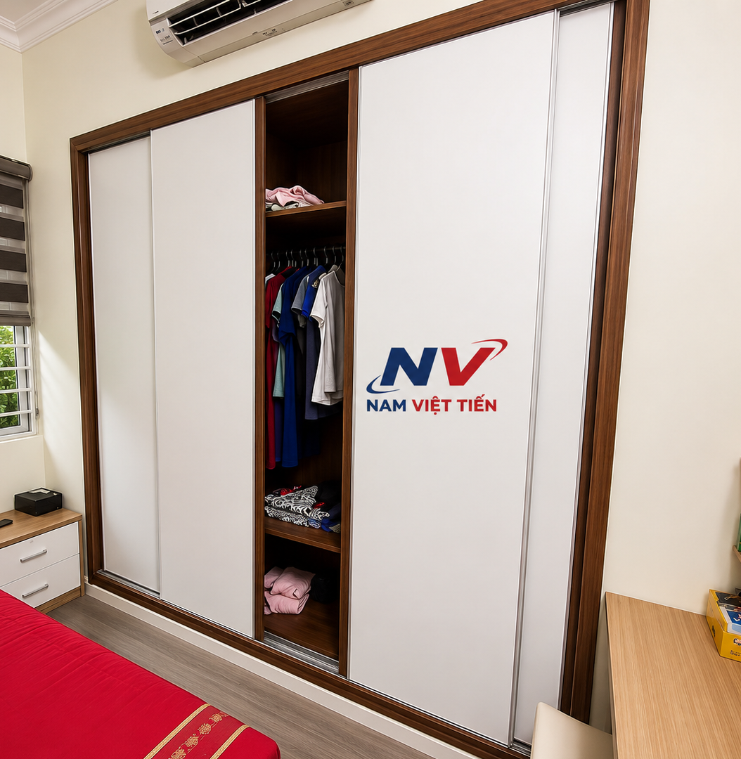 Tủ áo nhôm kính cửa lùa viền vân gỗ