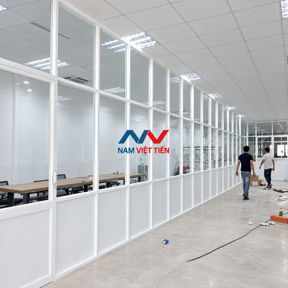 Vách ngăn nhôm kính trắng sữa dãy văn phòng