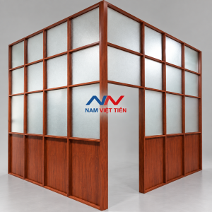 Vách ngăn nhôm vân gỗ đỏ kính mờ
