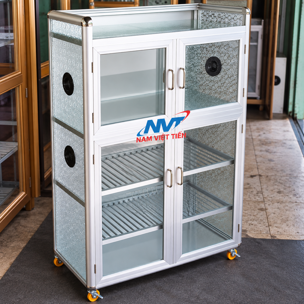 Tủ nhôm kính màu bạc hai tầng có bánh xe