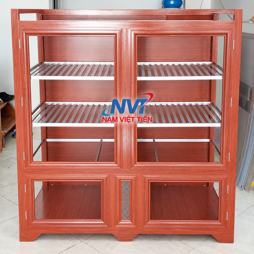 Tủ chén khung nhôm vân gỗ đỏ hai cánh cửa