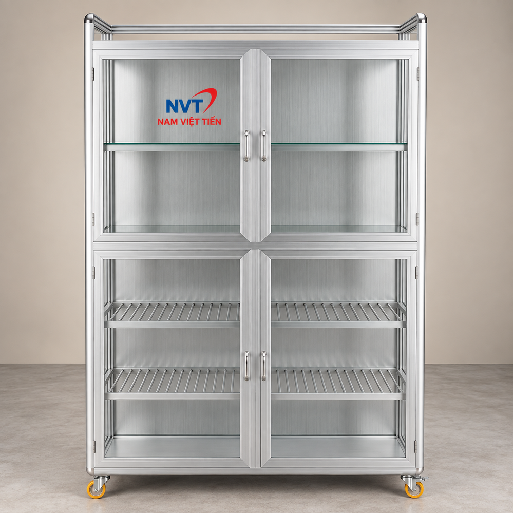 Tủ nhôm kính màu bạc có kệ kính bên trong