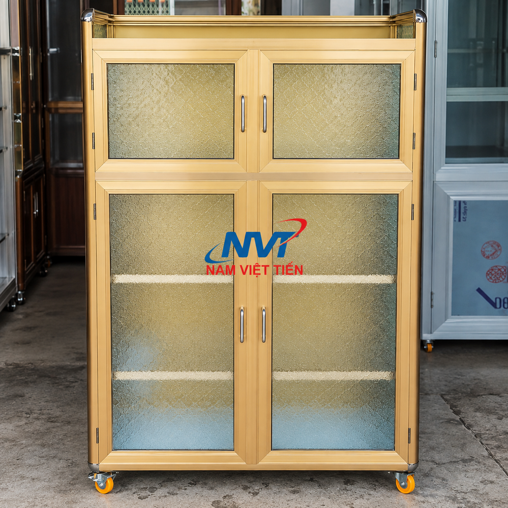 Tủ nhôm kính màu vàng với kính mờ hoa văn