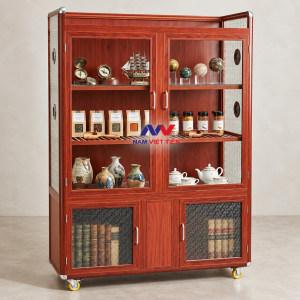 Tủ chén nhôm vân gỗ đỏ trưng bày đồ trang trí