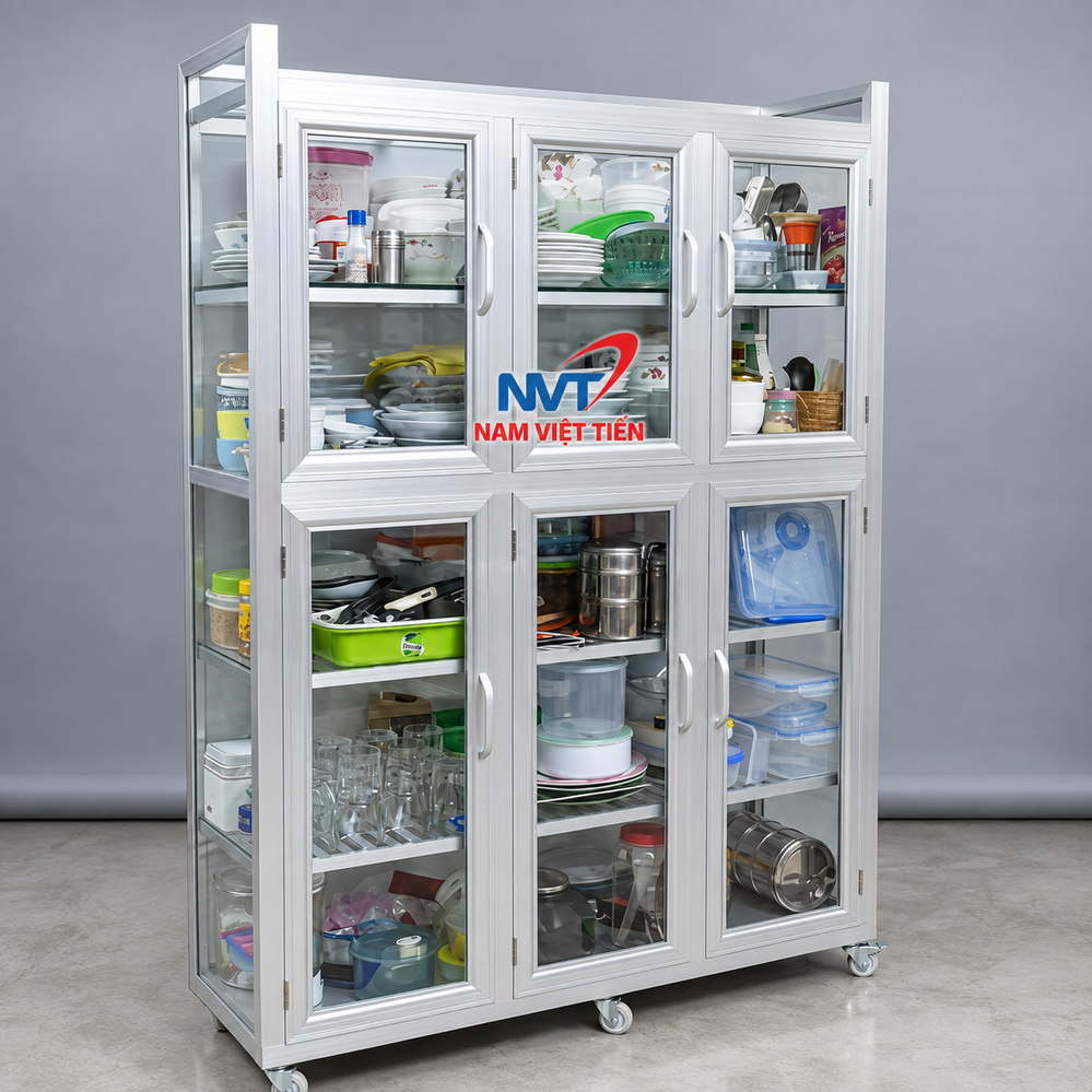 Tủ nhôm kính chứa đầy chén bát và đồ bếp