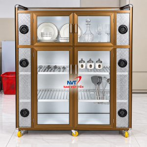 Tủ nhôm kính màu đồng đựng chén và ly