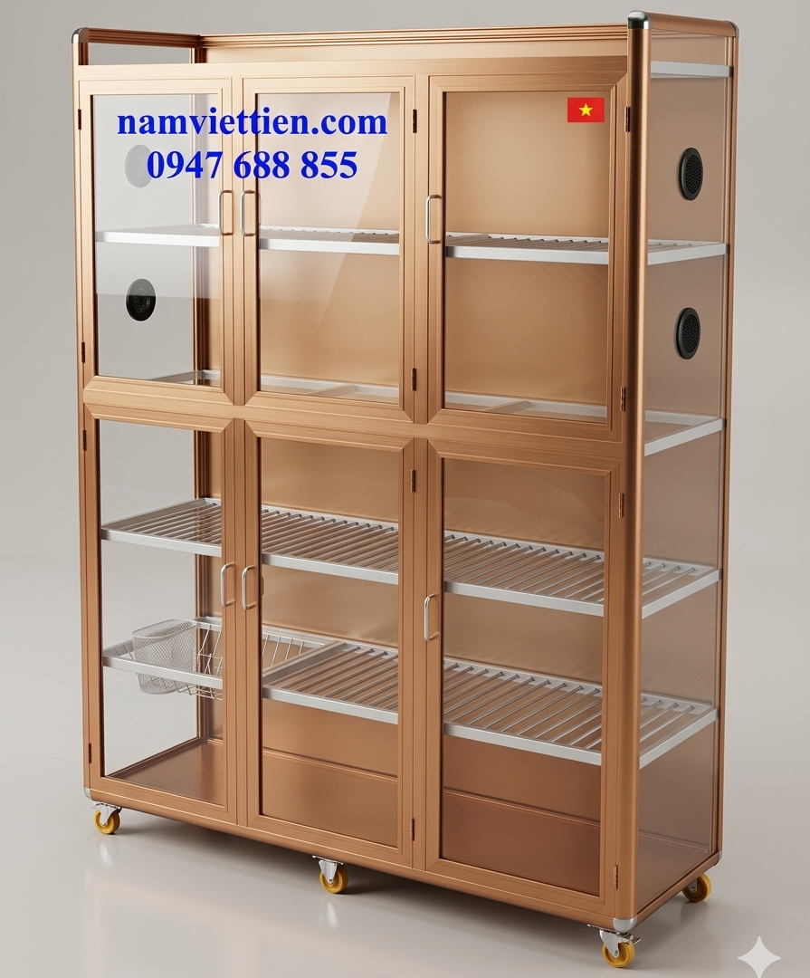 Mẫu tủ chén nhôm kính khung đồng nhiều tầng