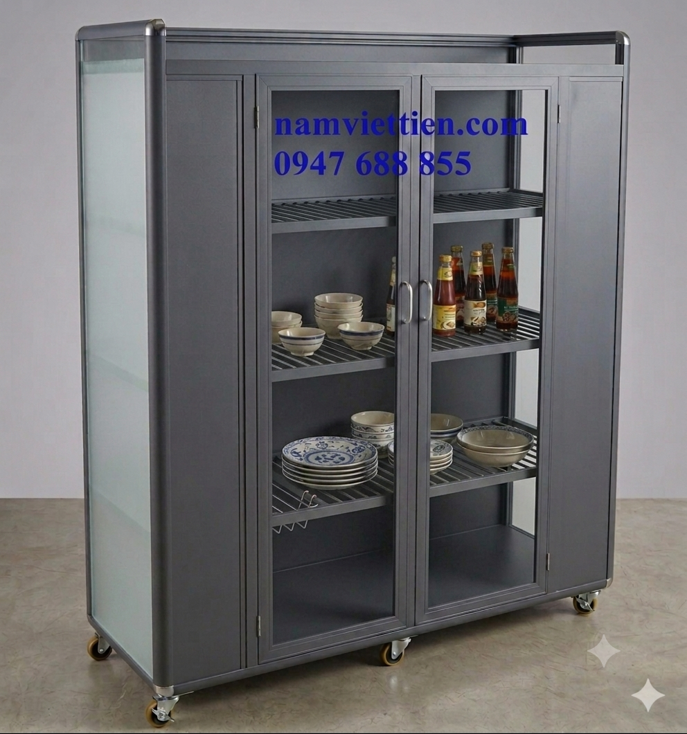 Mẫu tủ chén nhôm kính đựng bát đĩa