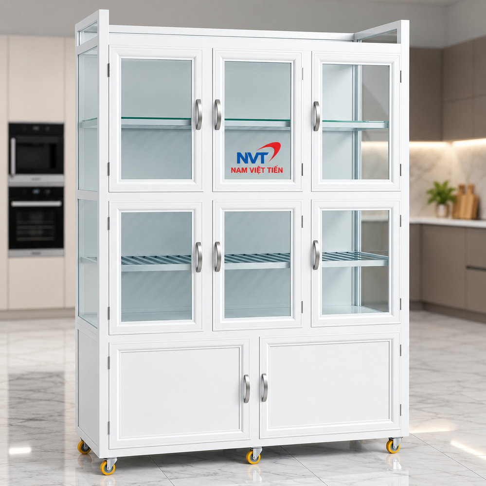 Tủ nhôm kính màu trắng đặt trong bếp hiện đại