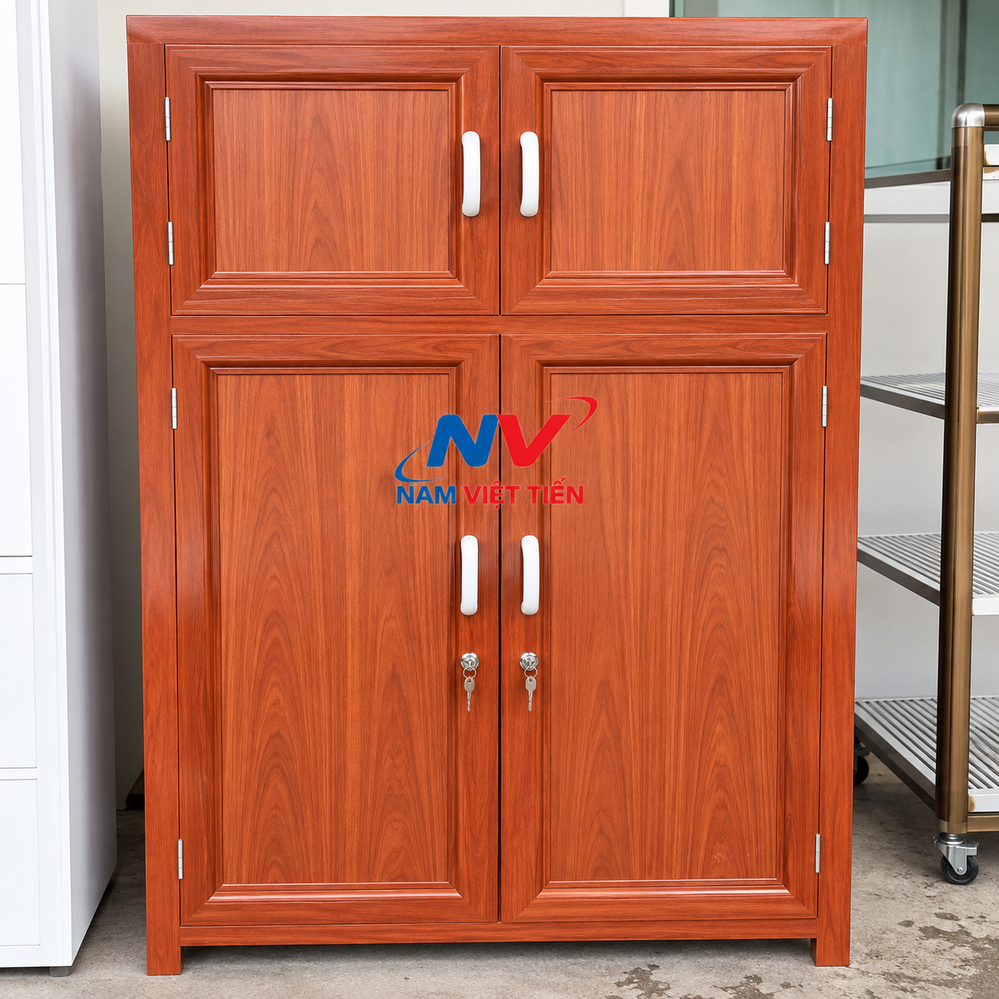 Tủ nhôm vân gỗ đỏ với cửa kín và khóa